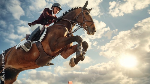 Equestrian rider executing precise jump, displaying athleticism and skill in competitive sport.