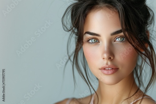 Beauty brunette woman with neat hair and healthy skin looks at the camera natural makeup of a young beautiful model on a studio background with copy space. cosmetic concept