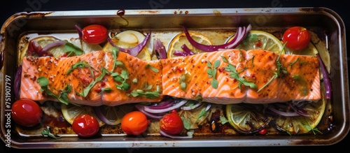 A pan on a table filled with baked salmon fillet coated in chili honey marinade and a variety of colorful and nutritious vegetables.