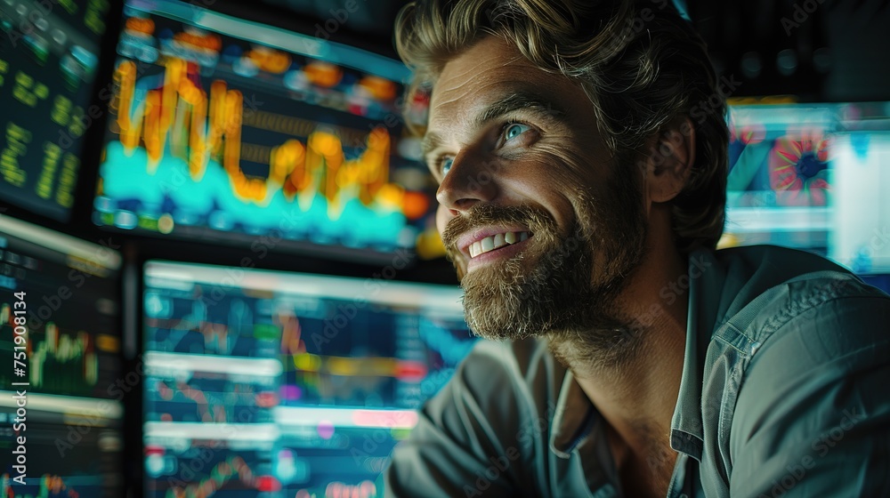 Busy working day. Young bearded trader in eyeglasses working with laptop Busy working day. Young bearded trader in eyeglasses working with laptop