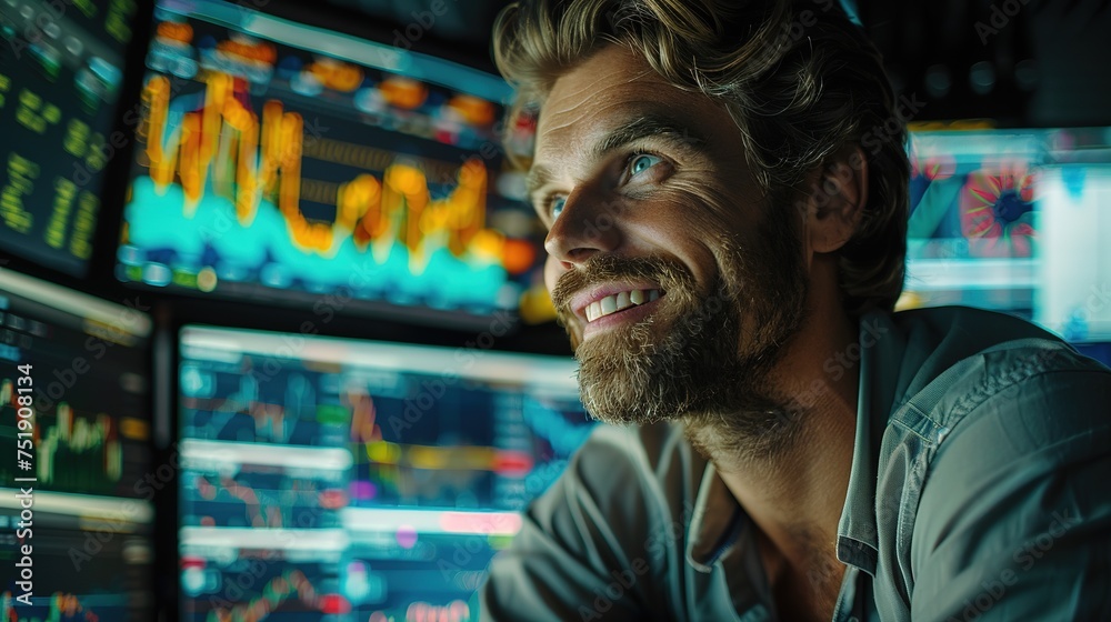 Busy working day. Young bearded trader in eyeglasses working with laptop