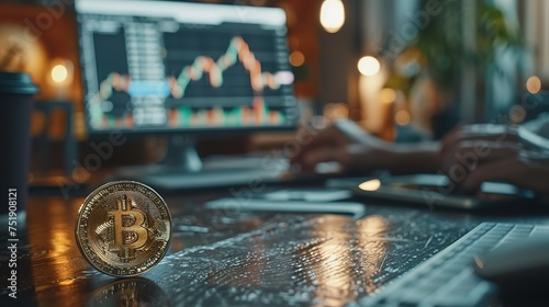 Golden Bitcoin coin on the laptop keyboard. stock market graph. Trading concept