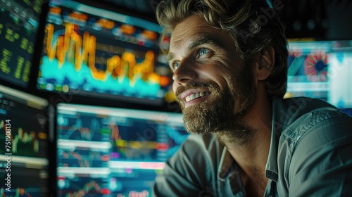 Busy working day. Young bearded trader in eyeglasses working with laptop