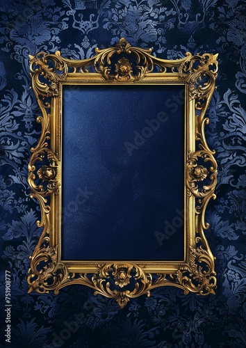 Golden shiny vintage Rococo style decorated empty frame isolated on dark navy background.