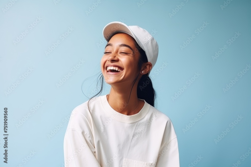 Portrait of a beautiful young asian woman laughing against blue background Portrait of a beautiful young asian woman laughing against blue background