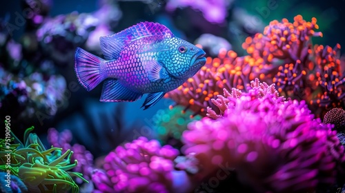 Colorful triggerfish swimming amid vibrant corals in saltwater aquarium environment