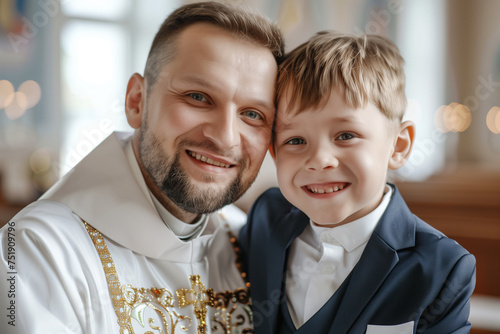Priest and child, communion day with smiles and Christian celebration inside a church