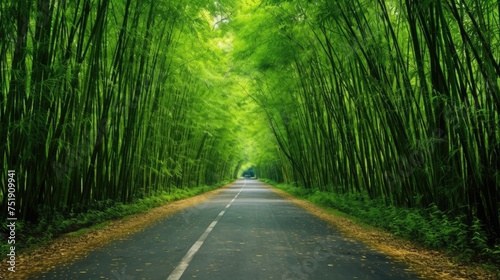 Photo of a long road in the middle of very green bamboo