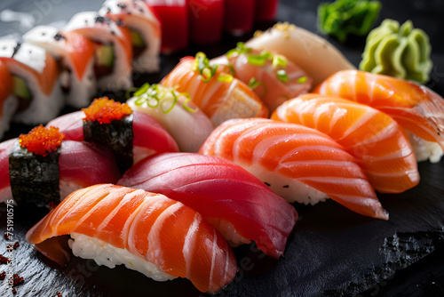 close up of Japanese cuisine sashimi sushi set