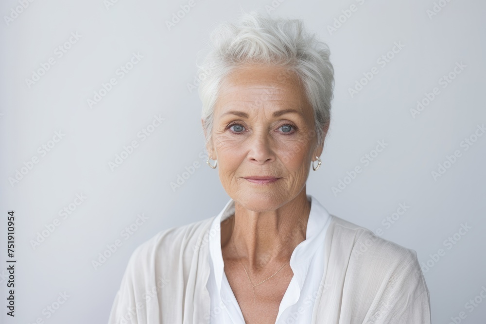 Portrait of senior woman looking at camera. Isolated on grey background. Portrait of senior woman looking at camera. Isolated on grey background.