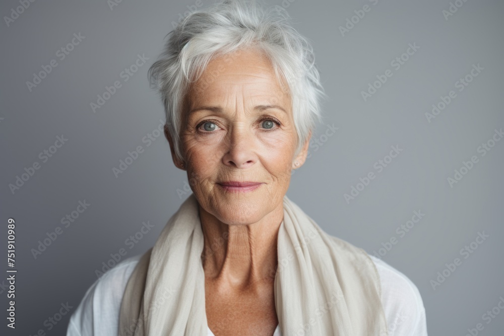 Portrait of a smiling senior woman with a scarf over grey background