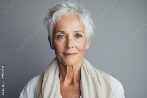Portrait of a smiling senior woman with a scarf over grey background © Iigo