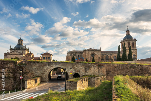 Beautiful view of the walls, Amayuelas gate and Santa Maria cathedral in the historic area of Ciudad Rodrigo in Spain. photo