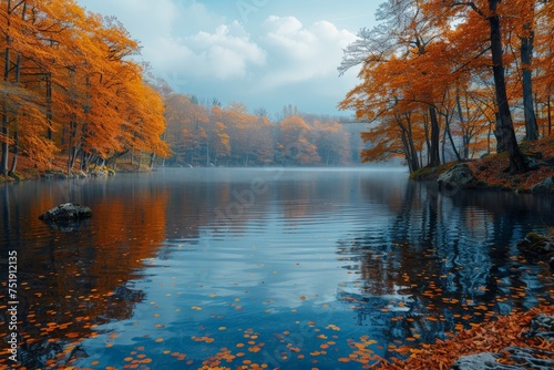 A peaceful autumn scene with a reflective lake surrounded by trees with vibrant orange leaves under a calm blue sky © Dacha AI