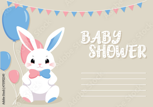 Baby Shower or gender party card.  invitation gender party. Cute bunny and balloons. vector illustration