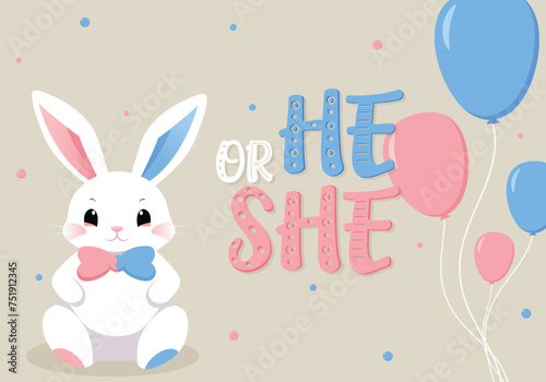 Baby Shower or gender party card.  invitation gender party. Cute bunny and balloons. vector illustration