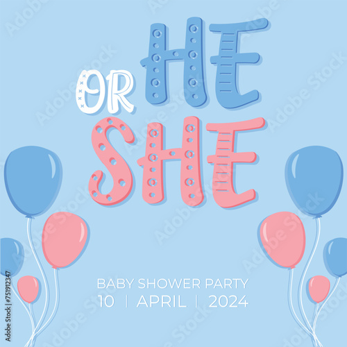 Baby Shower or gender party card.  invitation gender party. Cute bunny and balloons. vector illustration