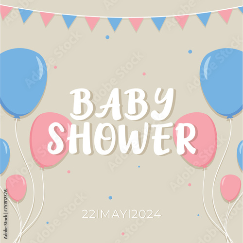 Baby Shower or gender party card.  invitation gender party. Cute bunny and balloons. vector illustration