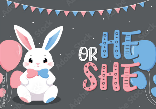 Baby Shower or gender party card.  invitation gender party. Cute bunny and balloons. vector illustration