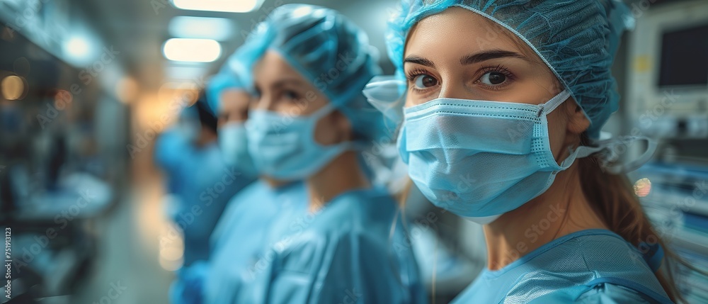 group of young hospital workers in scrubs. nurses at work at the clinic group of young hospital workers in scrubs. nurses at work at the clinic