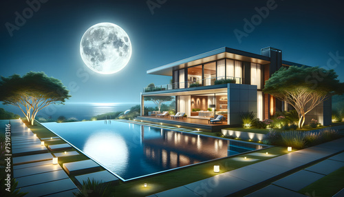 Elegant contemporary house with open living spaces, modern furniture, and a reflection pool lit by ambient lights, with a backdrop of a radiant full moon and ocean horizon.
