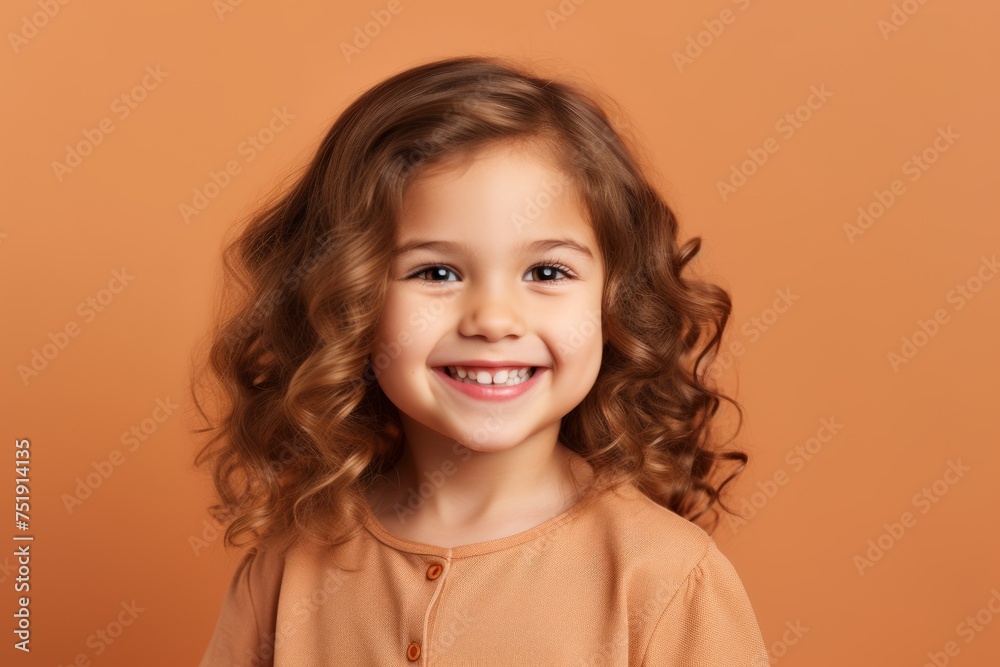 Portrait of a smiling little girl with long curly hair on orange background Portrait of a smiling little girl with long curly hair on orange background
