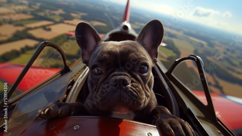 Adventurous French Bulldog Co-Piloting a Small Airplane Above Rural Landscape