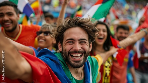 Joyful Soccer Fan Celebrating with a Multinational Crowd at a Stadium