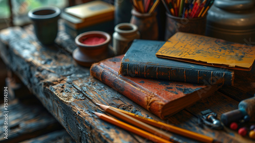 Vintage workspace with artistic tools and old books: rustic wooden table set with antique books, coffee cups, and drawing supplies near a window