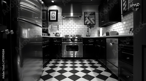 Black and White Kitchen with Checkered Floor in Precisionist Style, To provide a high-quality, artistic stock photo of a black and white kitchen with photo