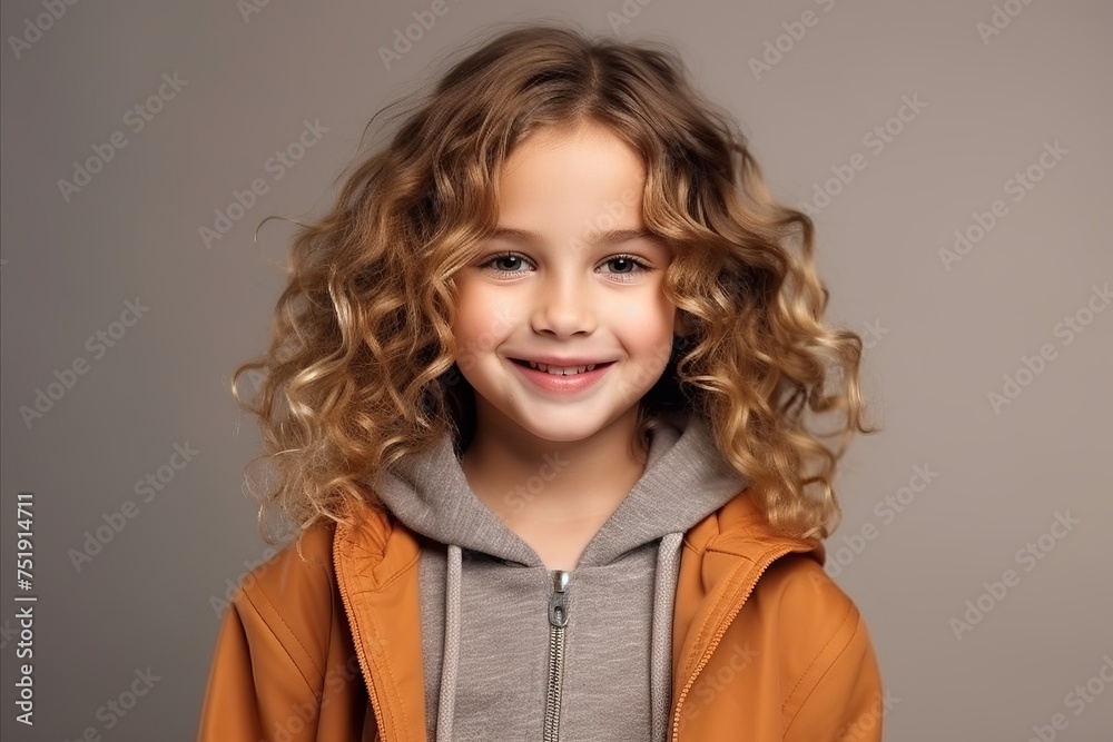 Portrait of a cute little girl with curly hair over grey background Portrait of a cute little girl with curly hair over grey background