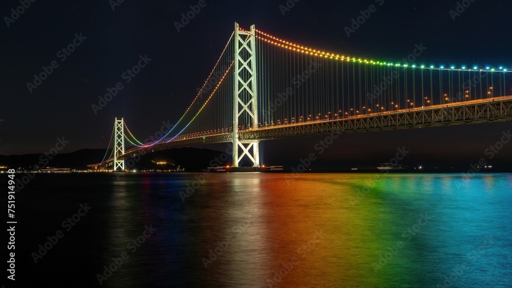 レインボーカラーにライトアップされた明石海峡大橋の情景
