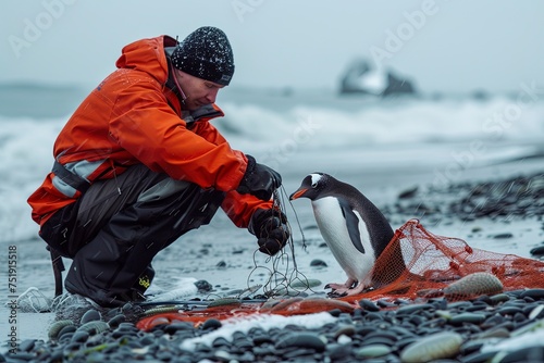 Man rescuing penguin trapped in fishing net, wildlife conservation, environmental activism, animal rescue, compassionate gesture.