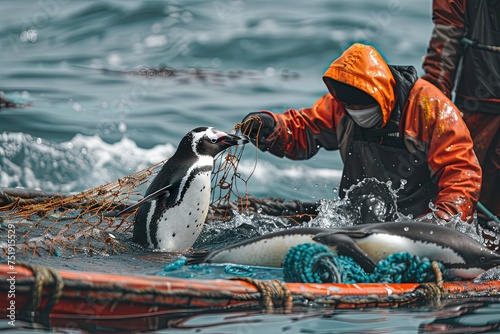 man rescuing a penguin trapped in a fishing net, depicting wildlife conservation efforts.