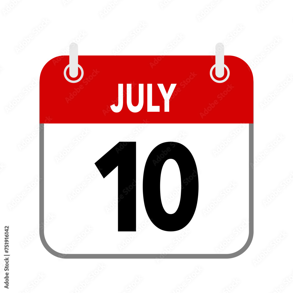 10 July, calendar date icon on white background. 10 July, calendar date icon on white background.