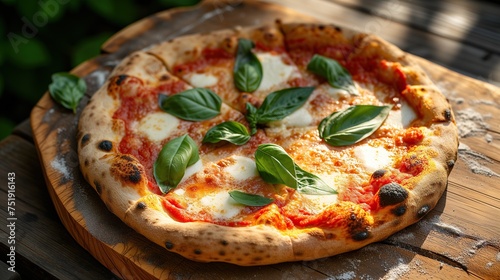 A classic Margherita pizza served on a wooden board with fresh basil leaves
