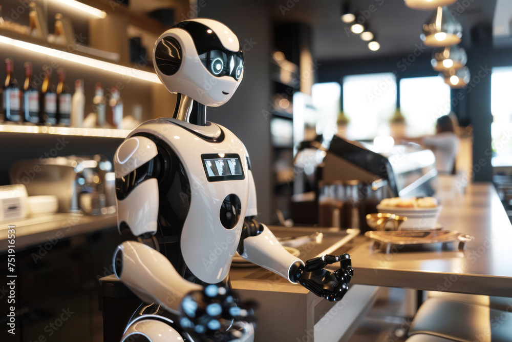 Fototapeta premium Futuristic Robot Server Ready to Assist in Modern Cafe Environment