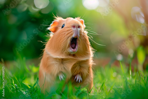 Adorable Guinea Pig Caught Mid-Yawn in a Lush Green Meadow under Sunlight