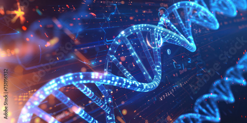 Futuristic Depiction of DNA Strand in a Digital Environment, Symbolizing Biotechnology Advancements photo