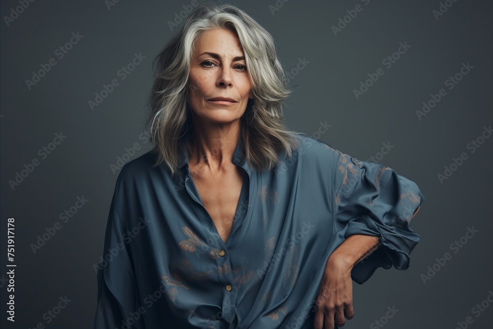 Portrait of a beautiful mature woman with grey hair and blue shirt.