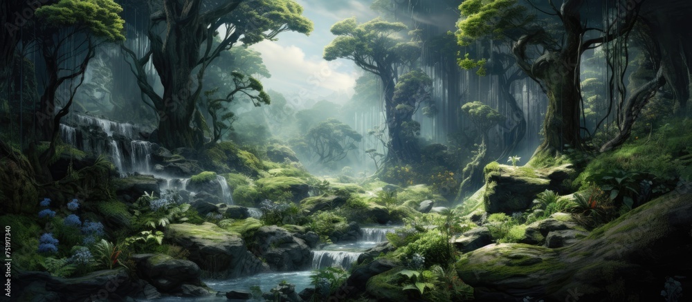 A detailed painting of a dense forest showcasing an abundance of various types of trees, filling the scene with their green foliage.