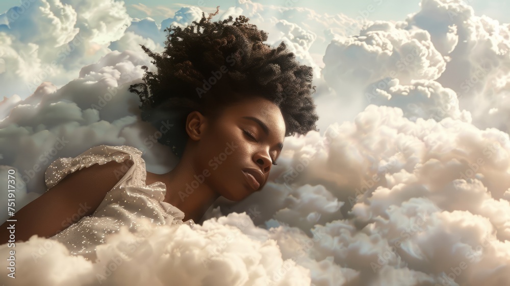Afrodescendant woman sleeping on a cloud, generative ai Afrodescendant woman sleeping on a cloud, generative ai