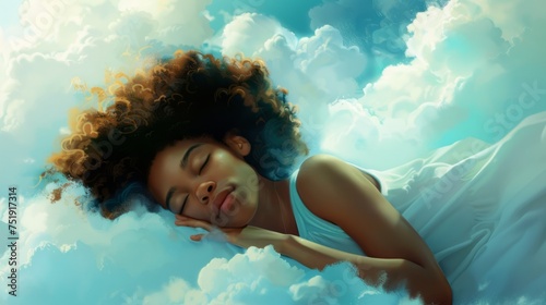 Afrodescendant woman sleeping on a cloud, generative ai