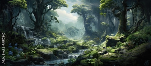 A detailed painting of a dense forest showcasing an abundance of various types of trees  filling the scene with their green foliage.