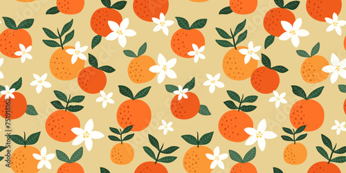 Seamless orange citrus pattern with flowers