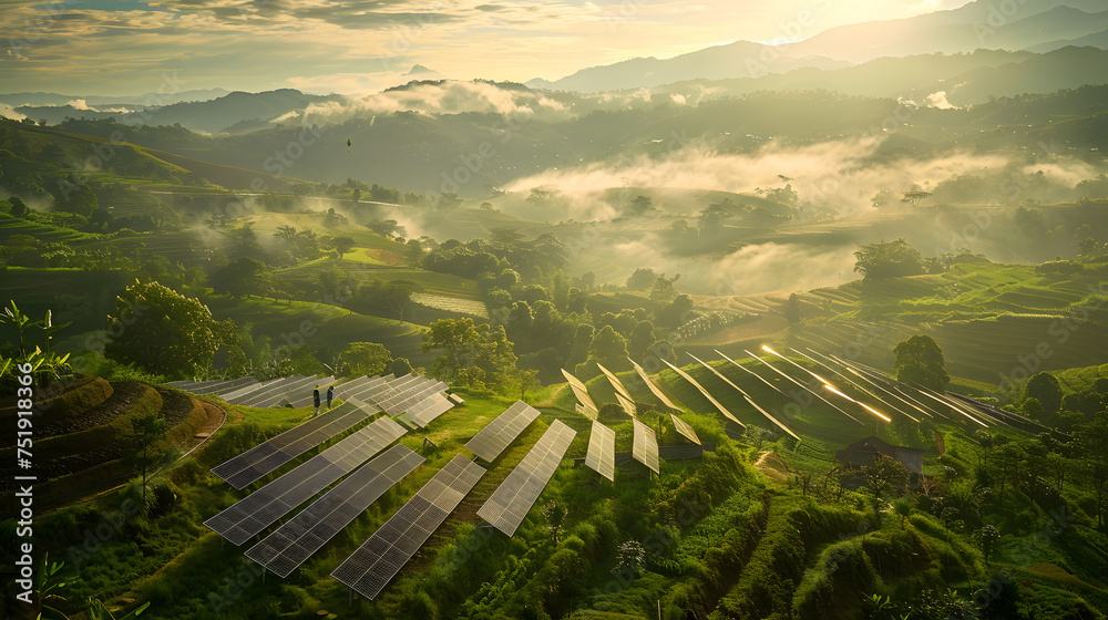 Photograph capturing the harmony between nature and renewable energy. The integration of solar panels into the landscape, with a focus on a human figure interacting with the clean energy source. - obrazy, fototapety, plakaty 
