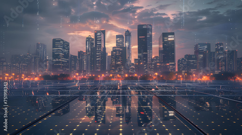 Photograph portraying a moment of tranquility amid a solar-powered cityscape. emphasizing the serene beauty of a city illuminated by clean and renewable solar energy.