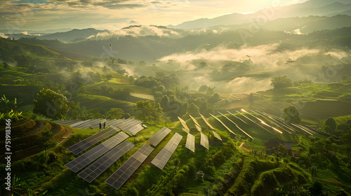 Photograph capturing the harmony between nature and renewable energy. The integration of solar panels into the landscape, with a focus on a human figure interacting with the clean energy source.
