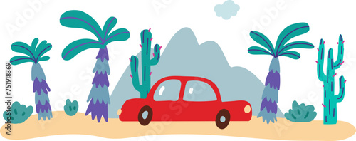 Cartoon landscape with red car and palms. Cartoon style