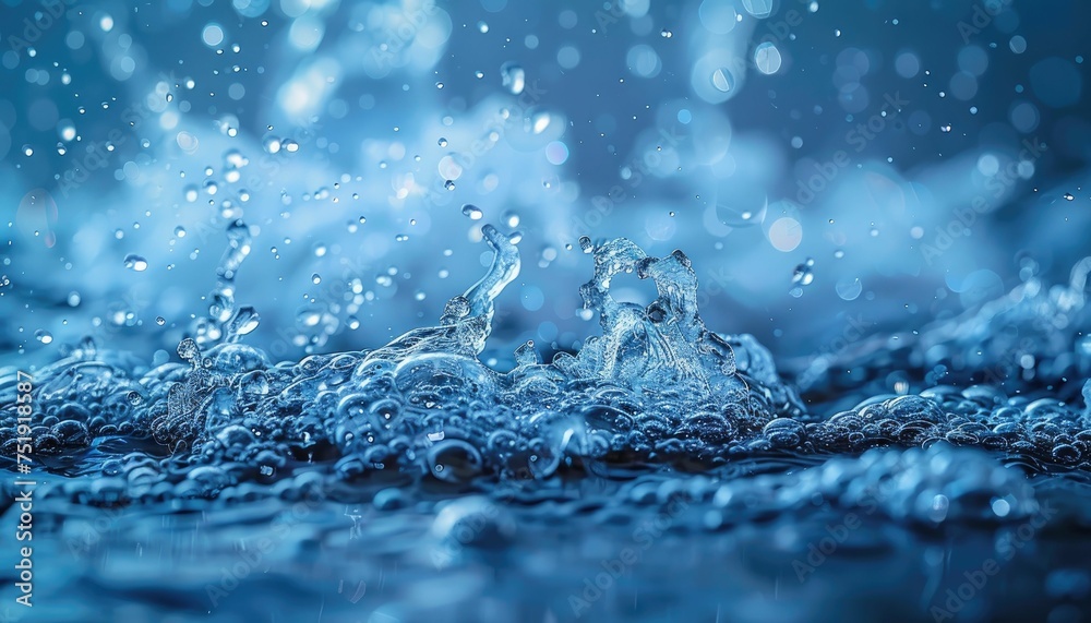 Dynamic close-up of water splash and bubbles on blue background Dynamic close-up of water splash and bubbles on blue background
